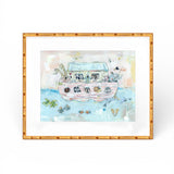 Noah's ark II framed print displayed in a nursery setting with soft pastel colors and wooden crib below