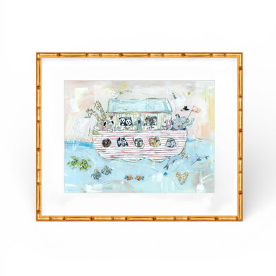 Noah's ark II framed print displayed in a nursery setting with soft pastel colors and wooden crib below