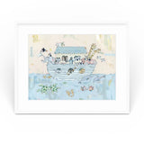 Noah's ark V Nursery Fine Art Print displayed on a wall in a nursery setting