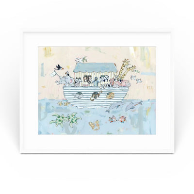 Noah's ark V Nursery Fine Art Print displayed on a wall in a nursery setting