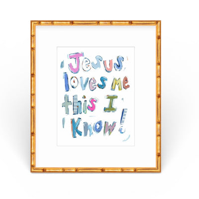 Jesus Loves Me Fine Art Print with pink and blue color options