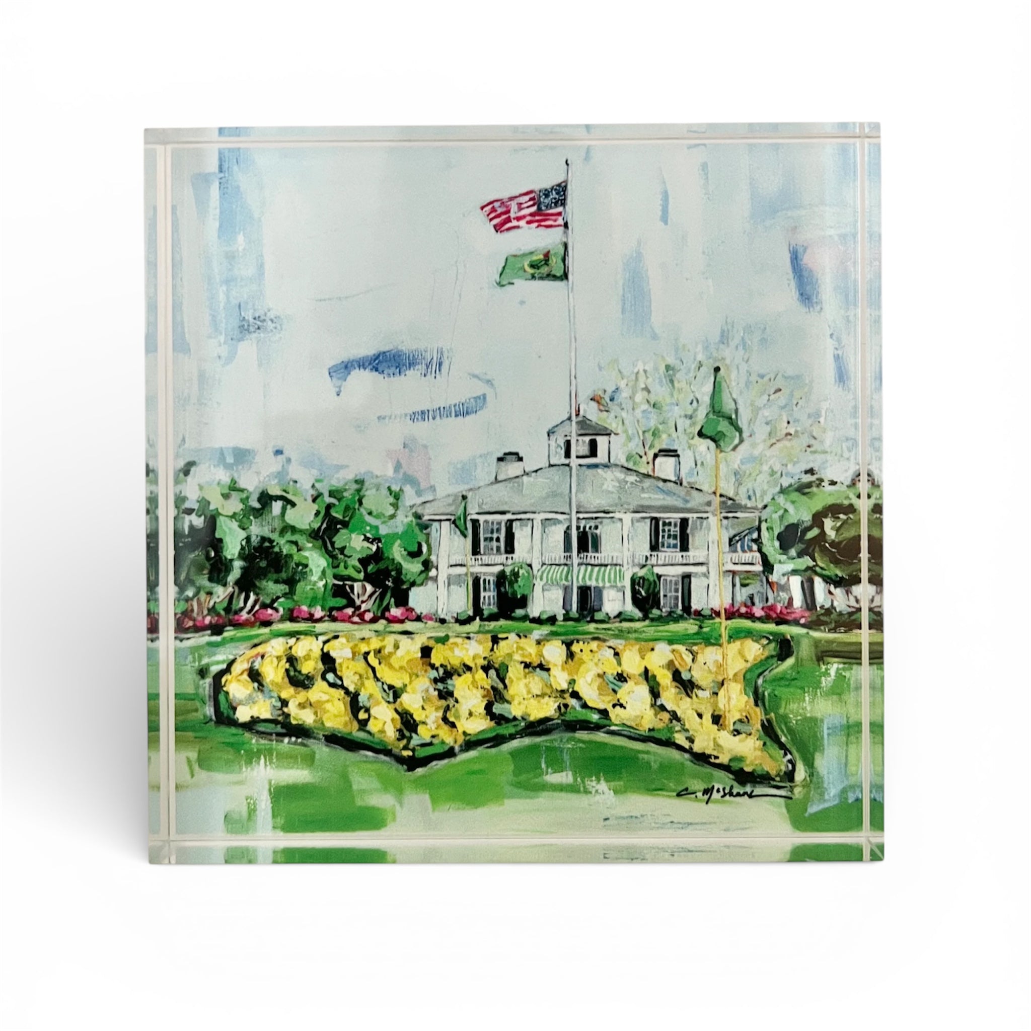 The Clubhouse Acrylic Tabletop Art featuring golf-inspired artwork by Chelsea McShane displayed on a wooden desk.