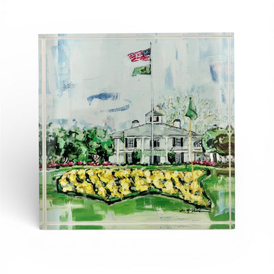 The Clubhouse Acrylic Tabletop Art featuring golf-inspired artwork by Chelsea McShane displayed on a wooden desk.