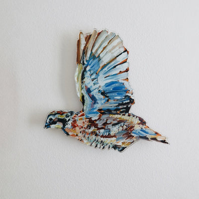 "Quail" Acrylic Wall Contour mounted on white wall, showing abstract shapes and warm colors