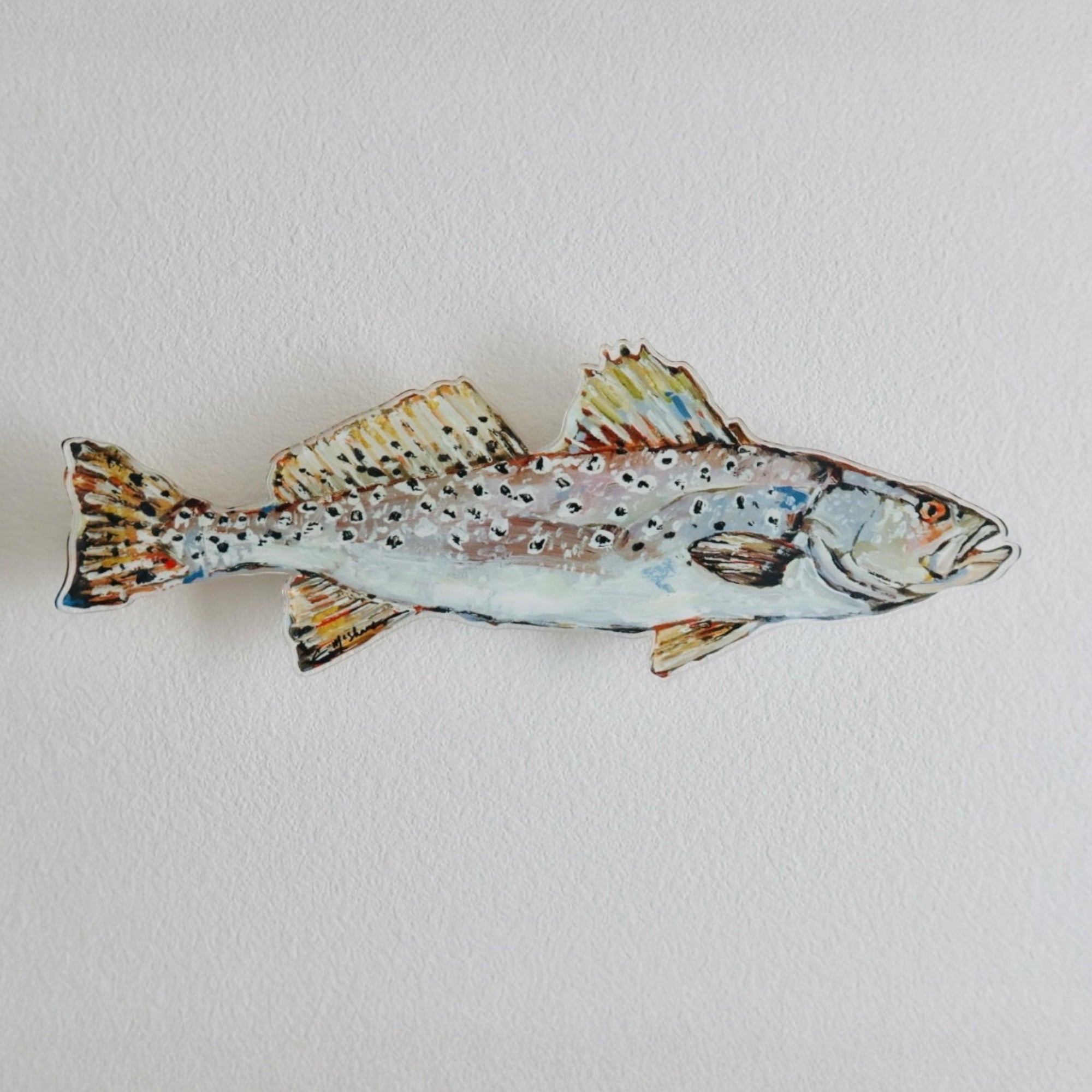Acrylic wall contour artwork of a speckled sea trout, featuring colorful and detailed depiction on acrylic sheet