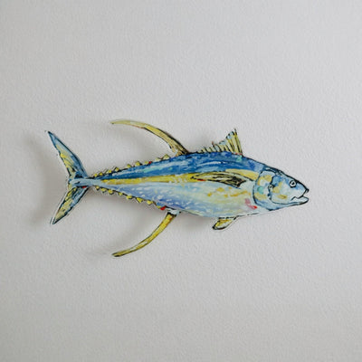 The "Tuna" Acrylic Wall Contour by Chelsea McShane Art displayed on a white wall, showing bright colors and an abstract fish silhouette.
