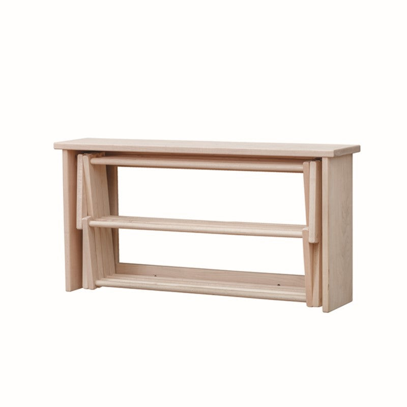 Solid maple hardwood wall-mounted folding clothes drying rack with multiple dowels for drying laundry