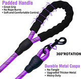Purple braided dog leash with a padded black handle and a black metal clasp featuring 360-degree rotation for tangle-free durability and comfort.