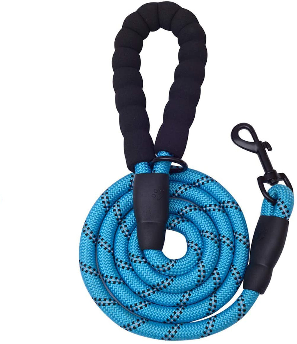 Coiled blue dog leash with black dotted pattern, featuring a padded black handle and a black metal clasp for attachment.