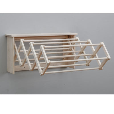 Solid maple hardwood wall-mounted folding clothes drying rack with multiple dowels for drying laundry