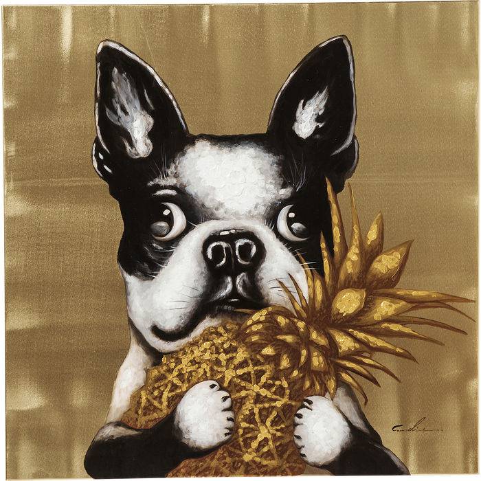 Picture of black and white dog holding a golden pineapple on a golden background in fir wood frame