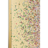 Canvas painting with scattered multicolored dots including green, pink, purple, and gold on a cream background, with gold edge detail visible on the side.