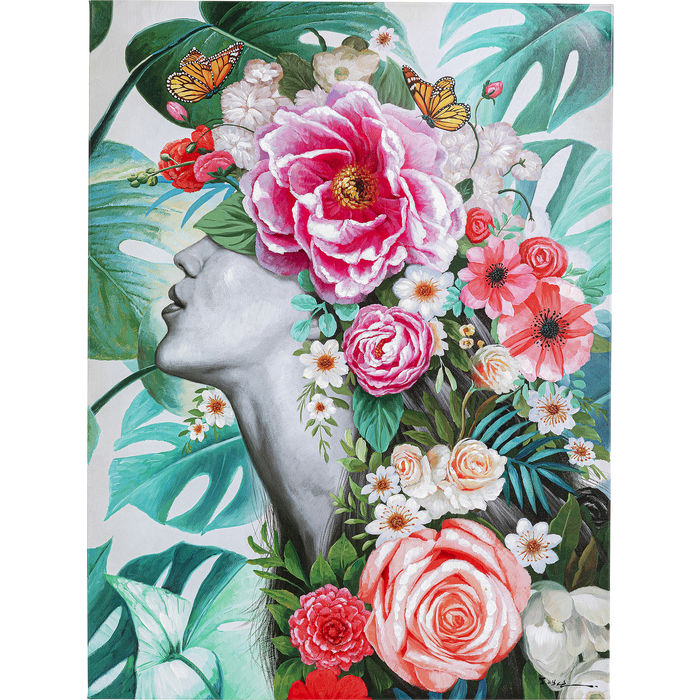 Picture Touched Flower Lady 120x90 - colorful portrait of jungle queen with flowers and butterflies on canvas