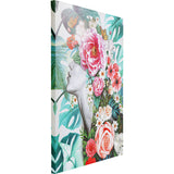 Side view of a canvas painting titled 'Touched Flower Lady' showing a grayscale female profile filled with vibrant pink, red, and white flowers surrounded by green tropical leaves and yellow butterflies.