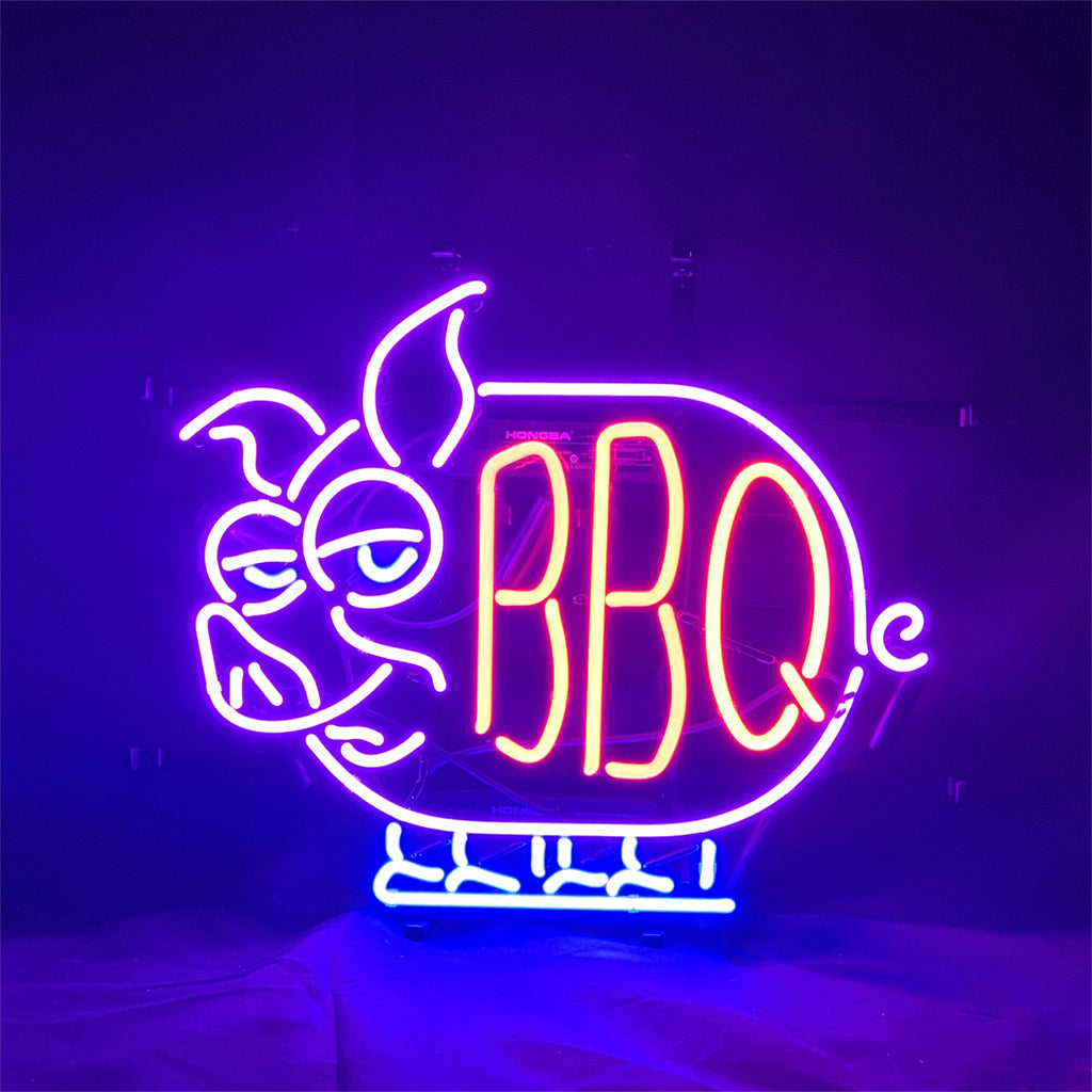 Pig BBQ Neon Light Sign featuring a glowing pig with BBQ text in neon on metal grid backing
