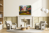 Contemporary living room with two light gray armchairs and a circular rug in front of a white fireplace topped with a colorful canvas painting of a house surrounded by greenery.