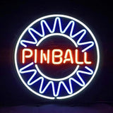 Circular neon sign with the word 'PINBALL' in red-orange inside a white and blue sunburst pattern on a black background