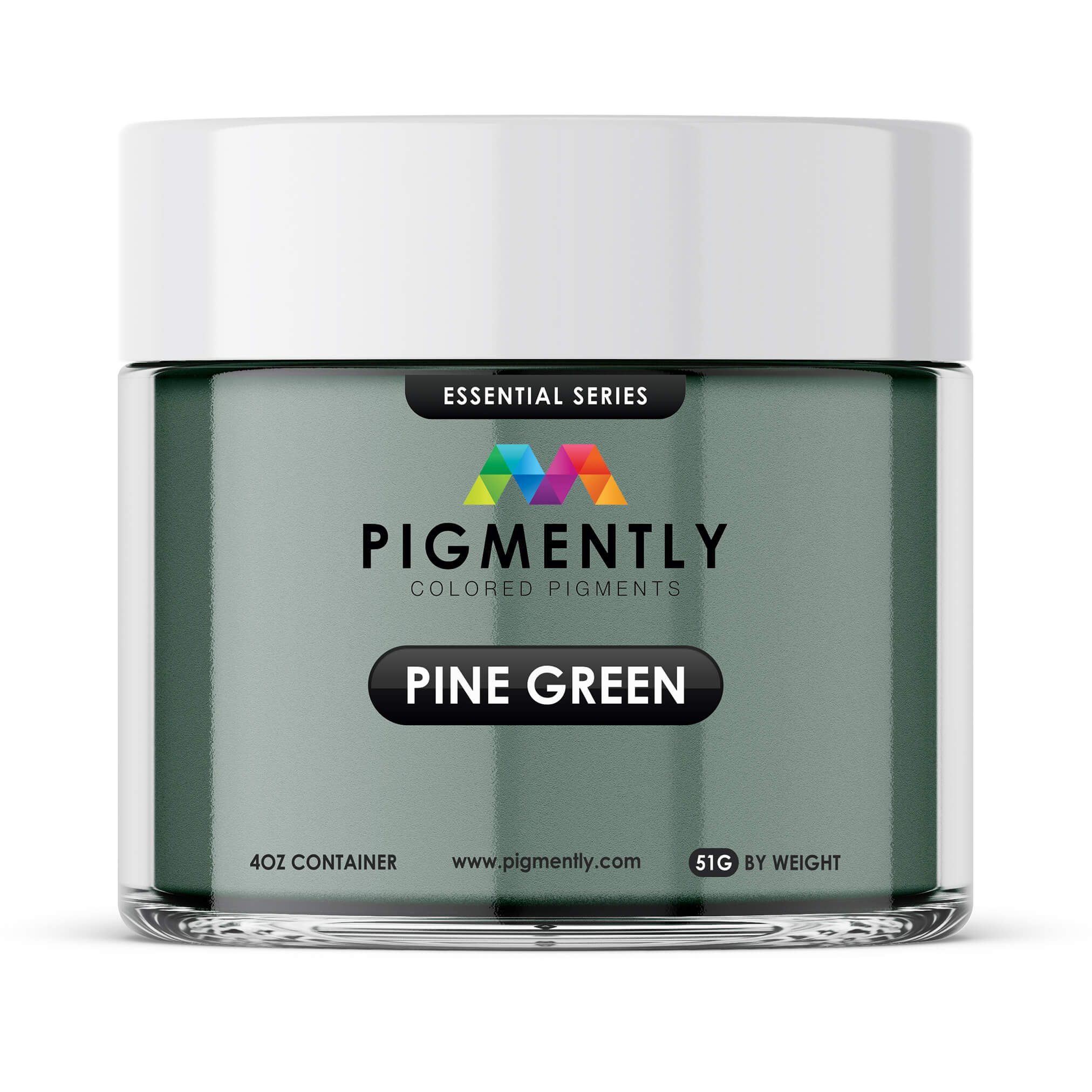 Jar of Pigmently colored pigments in pine green on a white background