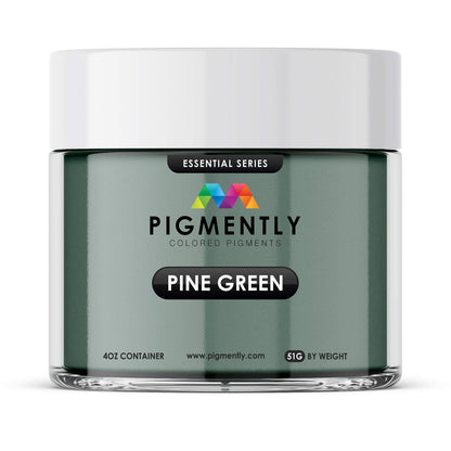 Jar of Pigmently colored pigments in pine green on a white background