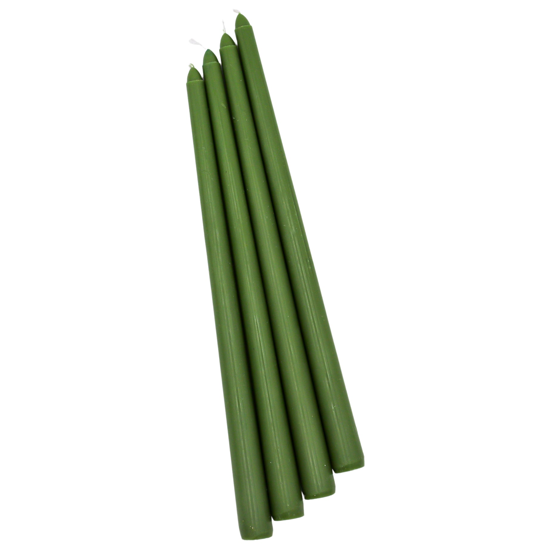 Pack of four extra tall pine green taper candles standing upright on white background