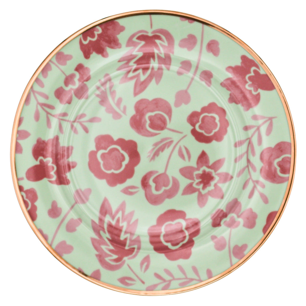 Set of Pistachio & Lychee Leaf porcelain dinner plates with blush floral patterns and gold rim