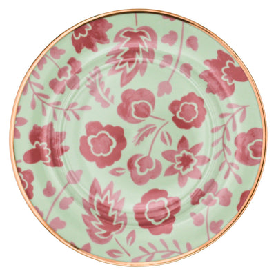 Set of Pistachio & Lychee Leaf porcelain dinner plates with blush floral patterns and gold rim