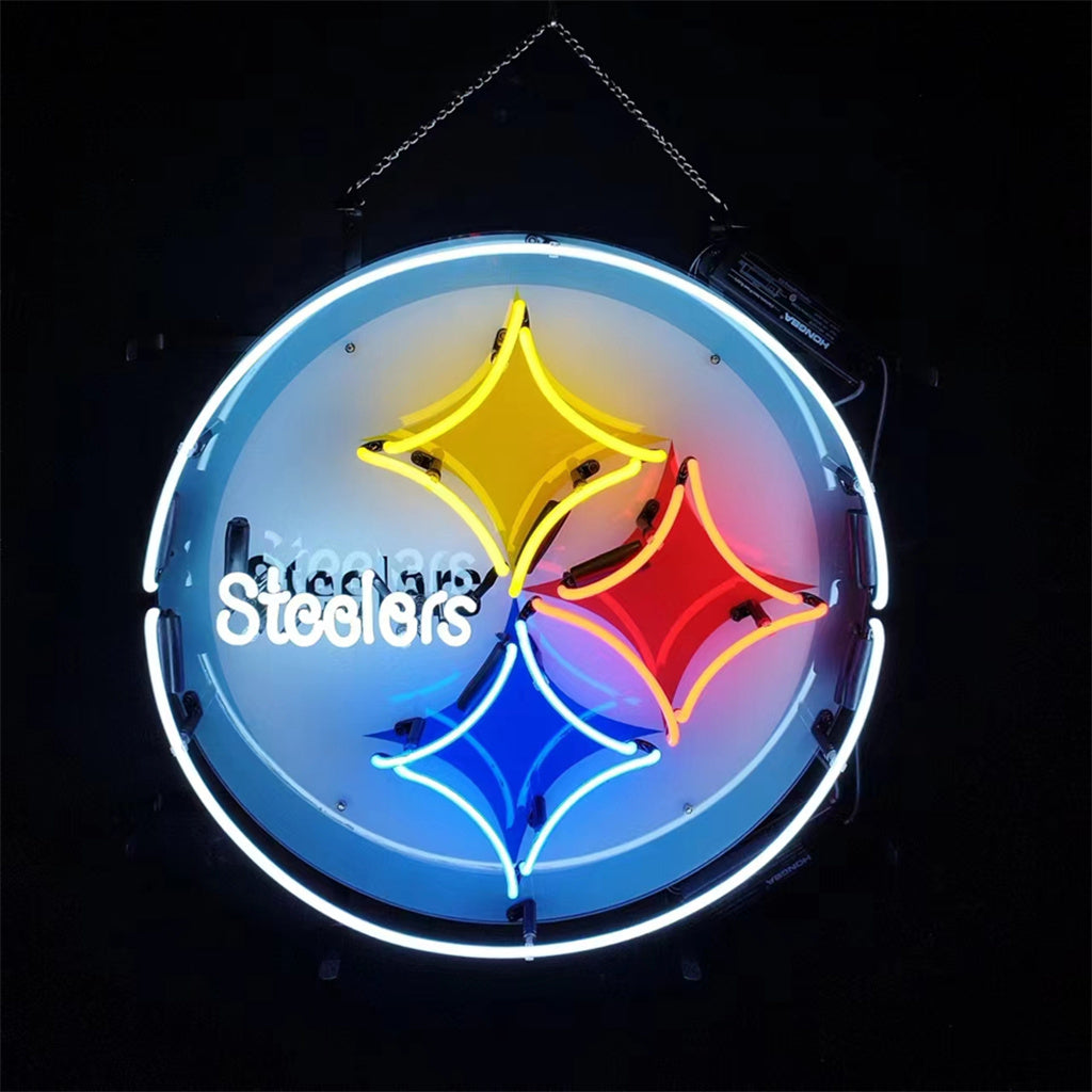 Pittsburgh Steelers Football Logo Neon Sign glowing in black and yellow on acrylic backing