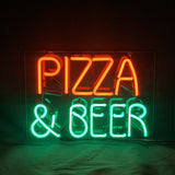 Rectangular neon sign with 'PIZZA' in orange-red letters above '& BEER' in green, mounted on a dark background.