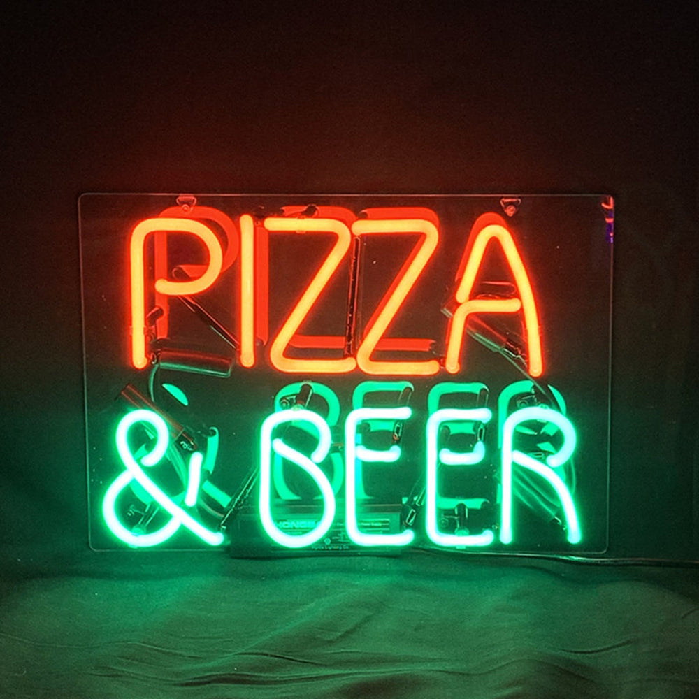 Pizza & Beer Neon Signs Light glowing on a wall with its metal grid backing