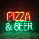 Pizza & Beer Neon Signs Light glowing on a wall with its metal grid backing