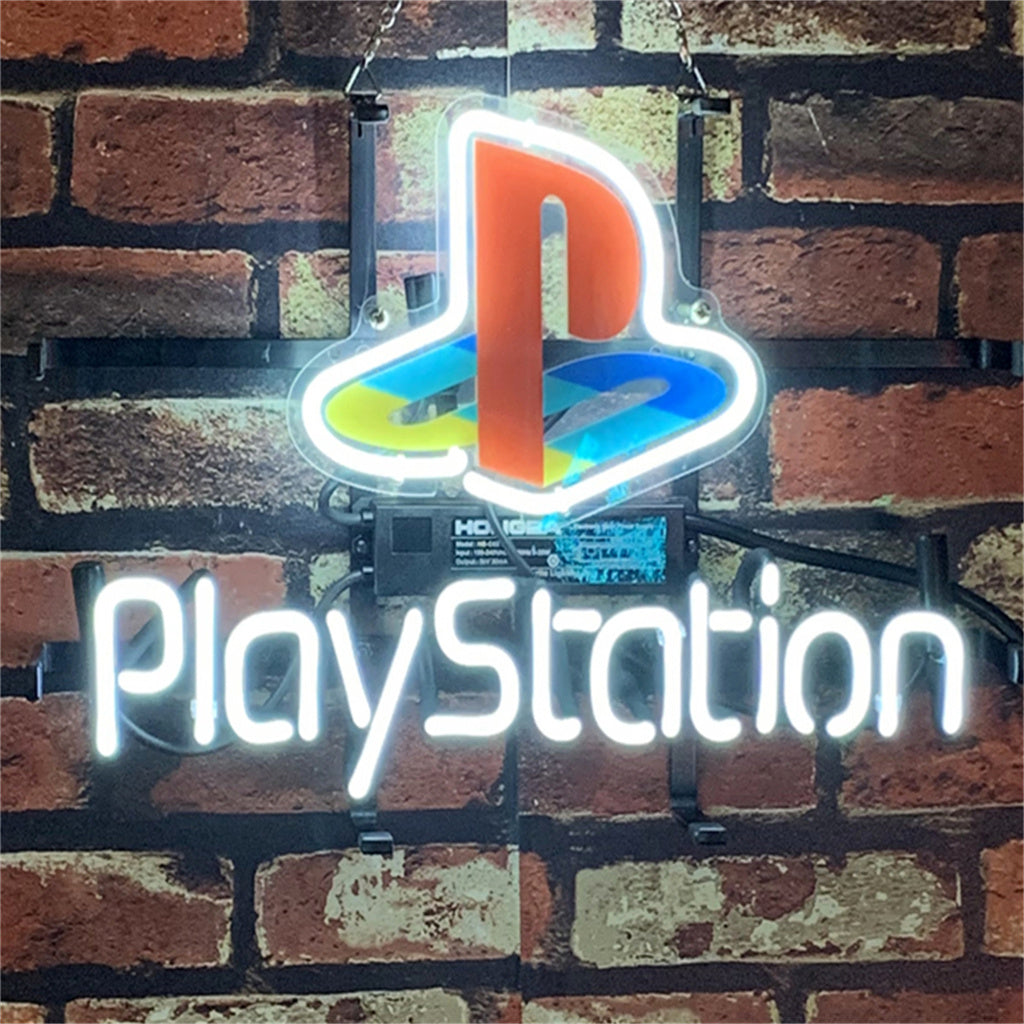 PlayStation Neon Signs Light showing the glowing PlayStation logo on a metal grid backing