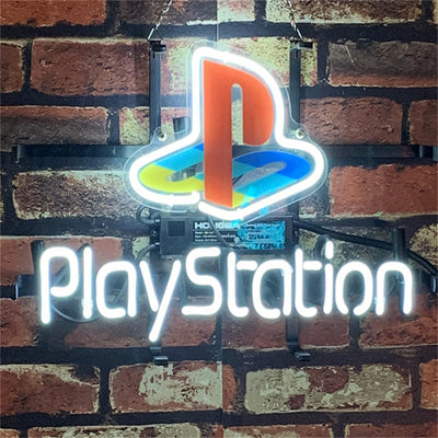 PlayStation Neon Signs Light showing the glowing PlayStation logo on a metal grid backing