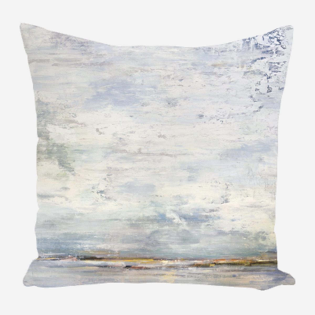 Square pillow with abstract landscape design featuring muted blue, gray, and beige tones with a textured sky and horizon line