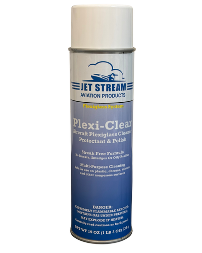 Plexi-Clear Anti-Static Aerosol Glass and Plexiglass Cleaner can and application on aircraft windscreen