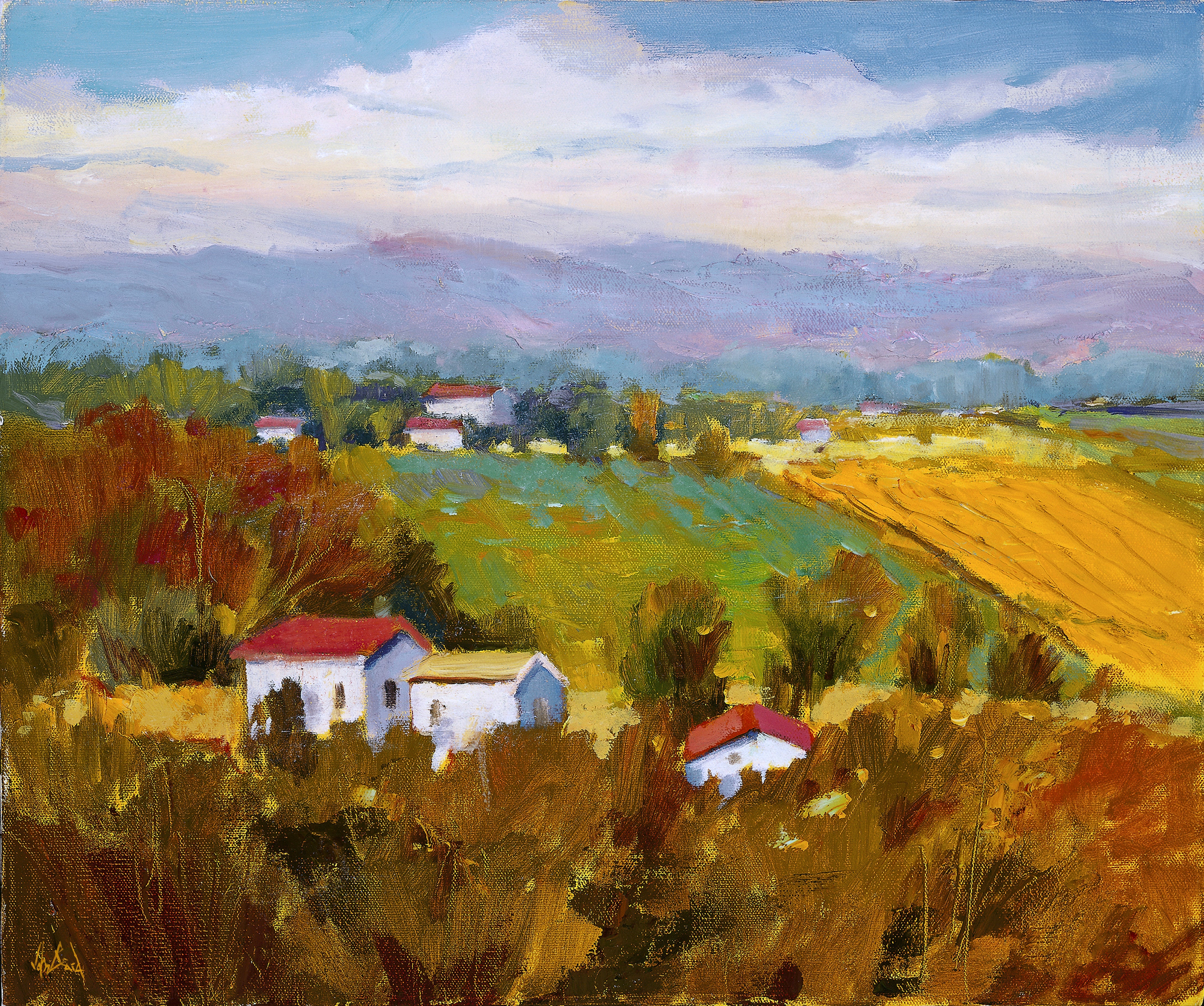 John Beard's Plowed Field artist enhanced canvas print showing abstract landscape with earth tones. Mounted canvas with wood stretcher bars.