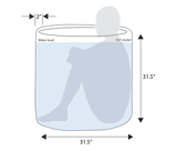 Diagram of a 31.5-inch diameter, 31.5-inch tall clear cylindrical tank shown filled with water to 2 inches below the top, containing a seated gray silhouette labeled 6'2" model.