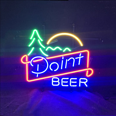 Point Beer Mountain Sunrise Neon Sign Light glowing against a dark wall