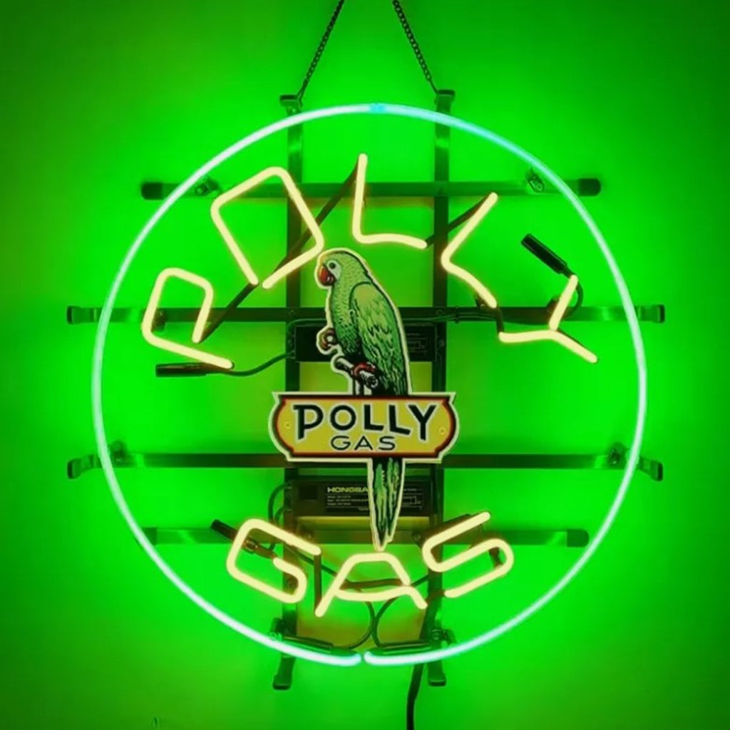 Parrot Polly Gas Neon Sign glowing with bright neon colors on a 17x17 inch backing