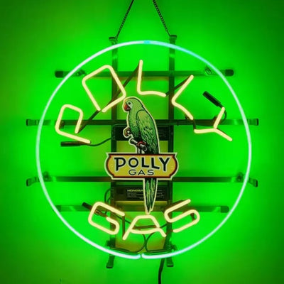 Parrot Polly Gas Neon Sign glowing with bright neon colors on a 17x17 inch backing