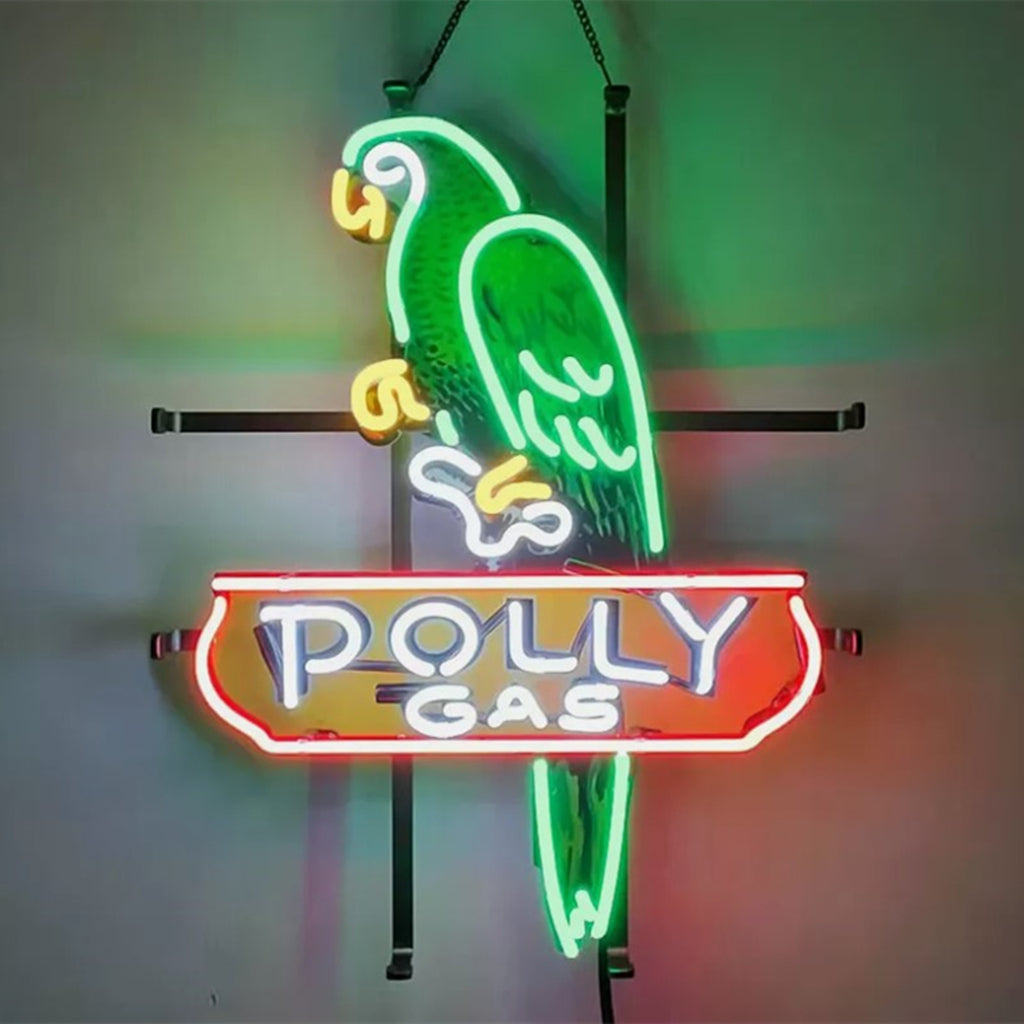 Parrot Polly Gas Gasoline Neon Sign glowing indoors with vibrant red and white neon on a rectangular backing