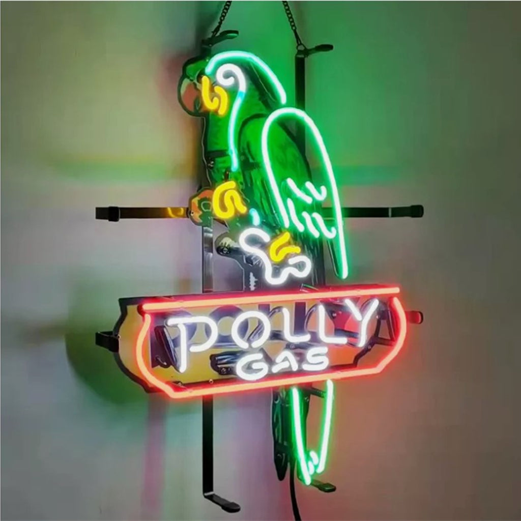 Green neon parrot perched above a red-bordered neon sign reading 'POLLY GAS' in white letters against a dark background.