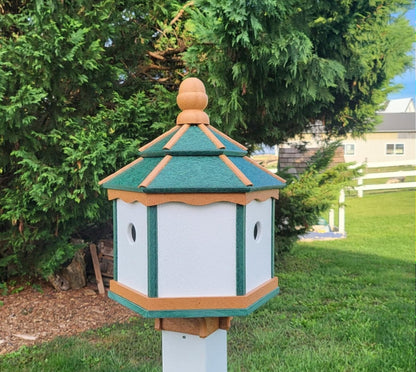 Amish Poly Gazebo Birdhouse with three nesting holes in outdoor setting