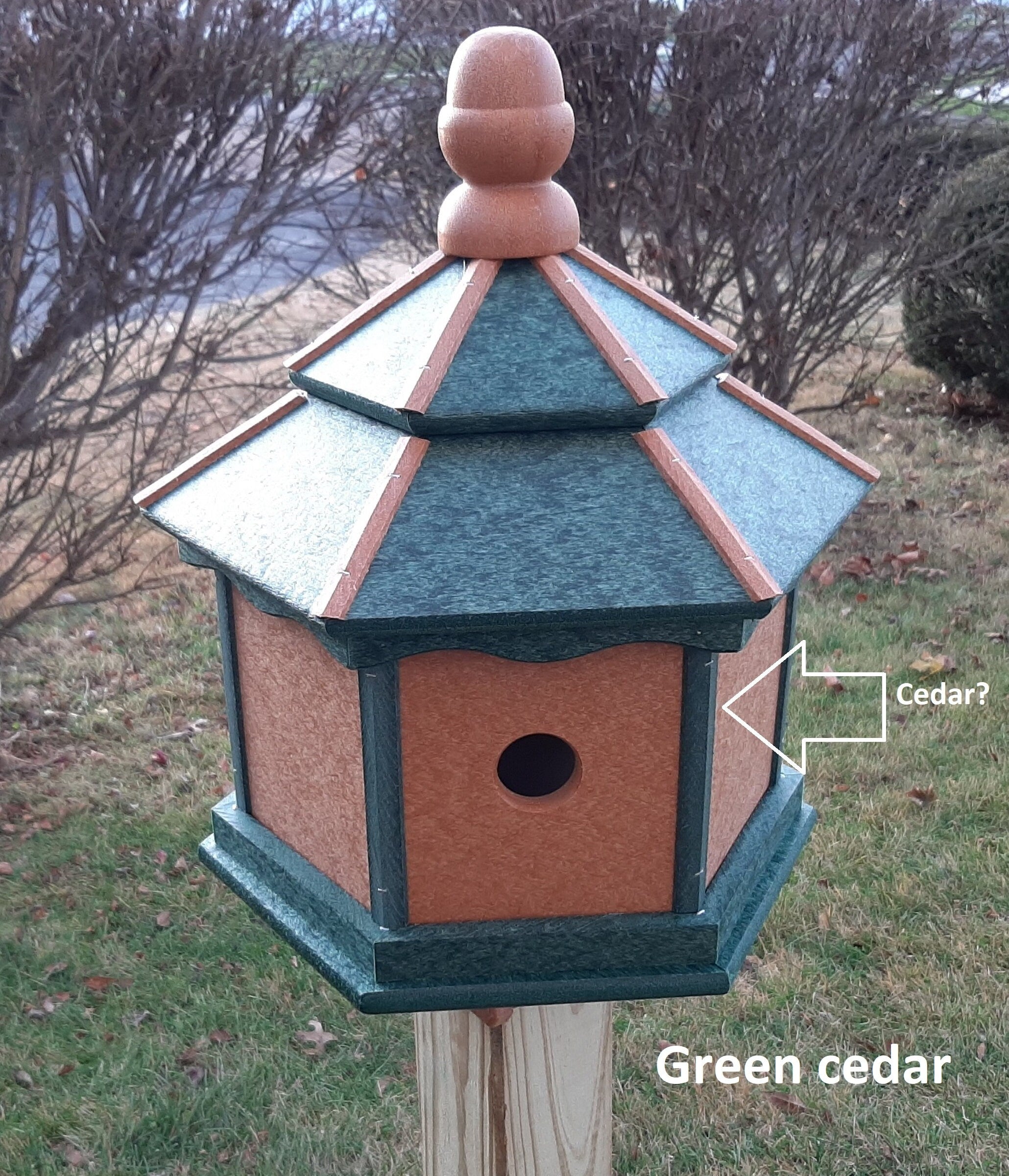 Amish Poly Gazebo Birdhouse with three nesting holes in outdoor setting