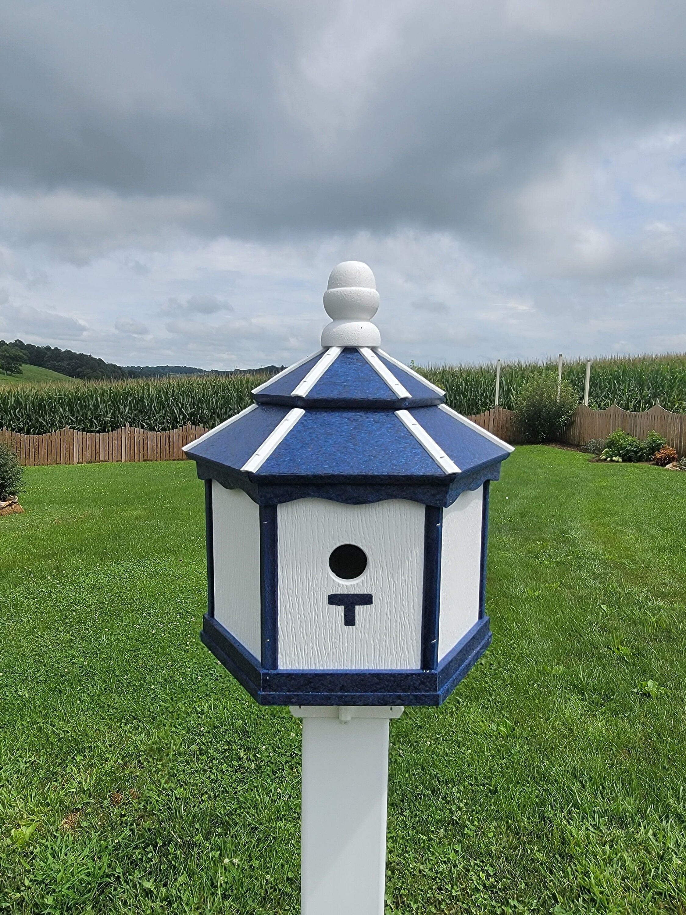 Amish Poly Gazebo Birdhouse with three nesting holes in outdoor setting