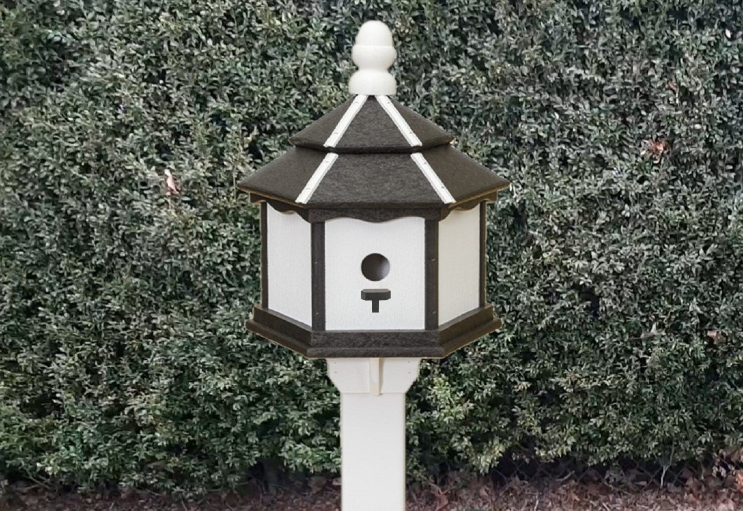 Amish Poly Gazebo Birdhouse with three nesting holes in outdoor setting