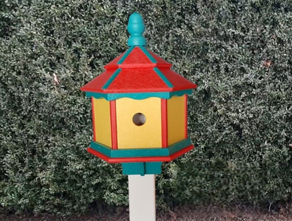 Amish Poly Gazebo Birdhouse with three nesting holes in outdoor setting