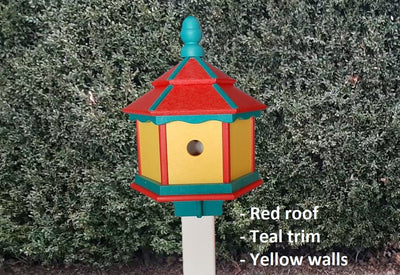 Amish Poly Gazebo Birdhouse with three nesting holes in outdoor setting