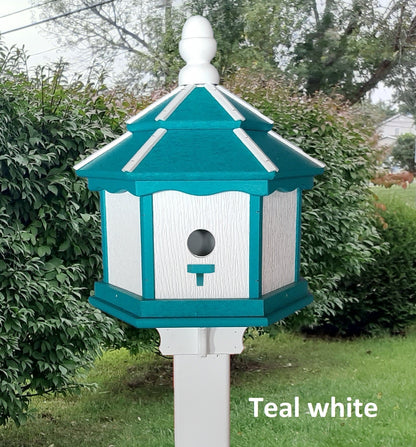 Amish Poly Gazebo Birdhouse with three nesting holes in outdoor setting