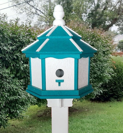 Amish Poly Gazebo Birdhouse with three nesting holes in outdoor setting