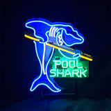 Pool Shark neon sign illuminated in a warm indoor setting